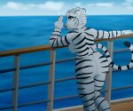 absurd_res anthro boat breasts butt cigarette felid female hi_res inprogress looking_at_viewer looking_back mammal mature_female nude outside pantherine public public_nudity rear_view sea smoking solo stripes tiger vehicle water watercraft