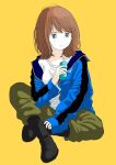  1girl black_footwear blue_eyes blue_jacket boots brown_hair drink drinking_straw full_body green_pants highres holding holding_drink jacket long_sleeves medium_hair original pants shirt simple_background sitting solo take_(orion_transport) white_shirt yellow_background 