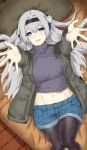  1girl :d absurdres alternate_costume black_hairband black_pantyhose blush commentary denim denim_shorts feet_out_of_frame firefly_(honkai:_star_rail) grey_hair grey_jacket grey_sweater hairband highres honkai:_star_rail honkai_(series) jacket kagurachi long_hair long_sleeves looking_at_viewer lying midriff navel on_back open_clothes open_jacket open_mouth pantyhose pantyhose_under_shorts purple_eyes reaching reaching_towards_viewer ribbed_sweater short_shorts shorts smile solo sweater thighs turtleneck turtleneck_sweater very_long_hair 