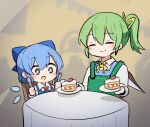  +_+ 2girls :d apron blue_eyes blue_hair cake cirno closed_eyes closed_mouth commentary daiyousei detached_wings english_commentary fairy_wings ferdy&#039;s_lab food fork green_apron green_hair holding holding_fork holding_spoon ice ice_wings long_sleeves multiple_girls open_mouth short_hair smile spoon table touhou twitter_username wings 