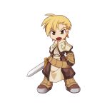  1boy armored_boots asymmetrical_hair belt blonde_hair boots brown_eyes brown_footwear brown_pants brown_shirt brown_shorts capelet chibi full_body holding holding_sword holding_weapon looking_at_viewer male_focus medium_bangs official_art open_mouth pants ragnarok_online scabbard sheath shirt short_hair shorts simple_background solo standing sword swordsman_(ragnarok_online) tachi-e transparent_background v-shaped_eyebrows weapon white_capelet yuichirou 
