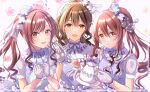  3girls alstroemeria_(idolmaster) brown_eyes brown_hair cake citrusmikan commentary_request food girl_sandwich gloves hair_between_eyes high_ponytail highres idolmaster idolmaster_shiny_colors kuwayama_chiyuki long_hair looking_at_viewer multiple_girls open_mouth osaki_amana osaki_tenka puffy_short_sleeves puffy_sleeves sandwiched see-through see-through_sleeves short_sleeves strawberry_shortcake swept_bangs teapot upper_body 