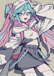  absurdres aqua_eyes aqua_hair bow crypton_future_media hair_bow hatsune_miku highres long_hair multicolored_hair piapro pink_bow pink_hair simple_background smile thighhighs twintails v very_long_hair vixsi_art vocaloid white_thighhighs 