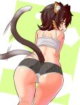  1girl afterimage all_fours animal_ears ass back black_hair black_panties camisole cat_ears cat_girl cat_tail commentary cougar_(cougar1404) fang from_behind kneepits kua_(cougar1404) looking_at_viewer looking_back motion_lines multicolored_hair open_mouth orange_eyes orange_hair original panties ribbed_panties short_hair smile solo tail underwear underwear_only white_camisole 