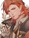  1boy 700hash artist_name black_jacket candy candy_cane closed_mouth collared_shirt food gauntlets granblue_fantasy highres holding holding_candy holding_food jacket looking_at_viewer male_focus official_alternate_costume percival_(granblue_fantasy) red_eyes red_hair shirt short_hair solo white_shirt 