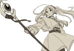  1girl ayamame belt capelet commentary cowboy_shot dress earrings elf floating_hair frieren greyscale highres holding holding_staff jewelry long_hair long_sleeves monochrome parted_lips pointy_ears solo sousou_no_frieren staff thick_eyebrows twintails 