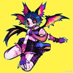 2023 anthro bat clothed clothing colorful digital_media_(artwork) female full-length_portrait fully_clothed hair hi_res kneeling mammal multicolored_ears multicolored_hair multicolored_wings pink_nose portrait punk simple_background solo weibo weibo_logo wings yellow_background zhang_gun