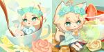  1boy :&lt; ahoge animal_ear_fluff animal_ears ankle_socks aqua_eyes artist_name back_bow black_footwear blonde_hair blue_bow blue_flower blue_jacket blue_rose blue_shorts blue_sleeves blush_stickers boots bow chibi closed_mouth collared_jacket commentary cup english_commentary english_text eyelashes flower food fox_ears fox_tail fruit full_body glass head_wreath holding holding_food in_container in_cup jacket kanlamari kiwi_(fruit) kiwi_slice lead_pipe lemon lemon_slice long_sleeves male_focus mini_person miniboy multiple_views open_clothes open_jacket open_mouth original oversized_food oversized_object pink_flower pink_rose pouring pudding rose short_hair shorts sitting socks strawberry strawberry_slice sugar_cube tail tea teacup watermark white_flower white_socks 