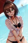  1girl absurdres bikini black_bikini blurry bokeh bracelet breasts brown_hair collarbone collared_shirt commentary_request depth_of_field glasses green_eyes halterneck hand_on_own_arm highres jewelry looking_at_viewer medium_breasts medium_hair mifuyu_(princess_connect!) mifuyu_(real)_(princess_connect!) ocean open_mouth ponytail princess_connect! red-framed_eyewear shade shirt sidelocks solo swimsuit tied_shirt tonelico1213 v-shaped_eyebrows wet wet_clothes wet_shirt white_shirt 