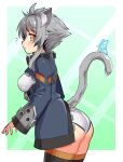  1girl :o animal_ears ashroa_(cougar1404) ass black_thighhighs blue_coat breast_cutout bug butterfly cat_ears cat_girl cat_tail coat commentary cougar_(cougar1404) cowboy_shot from_side grey_hair grey_shorts leaning_forward long_sleeves looking_at_viewer micro_shorts notice_lines open_mouth original short_hair shorts sidelocks solo standing tail thighhighs yellow_eyes 