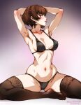  1girl alternate_costume armpits arms_behind_head artist_name bikini black_bikini black_pantyhose braid breasts brown_hair cleavage collarbone commentary crown_braid dated english_commentary grin lips medium_breasts mina_cream navel niijima_makoto no_shoes pantyhose parted_lips persona persona_5 pink_lips profile red_eyes short_hair sitting smile solo stomach swimsuit 