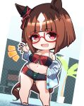  alternate_costume animal_ears breasts brown_hair chibi cleavage collarbone commentary_request glasses highres horse_ears horse_girl horse_tail looking_at_viewer medium_breasts medium_hair navel open_mouth red_eyes standing tail transcend_(umamusume) umamusume warashi white_background 
