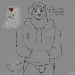absurd_res anthro aro_selen_(cerberussenn) beanie bird_dog bottomwear canid canine canis cerberussenn clothed clothing domestic_dog english_text floppy_ears freckles freckles_on_face fully_clothed golden_retriever hands_in_both_pockets hat headgear headwear hi_res hoodie hunting_dog hybrid jewelry male mammal muscular muscular_male necklace oblivious pants pit_bull retriever shirt signature solo strip_meme tail tail_motion tailwag text topwear undershirt