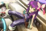  1girl aquakurow basquash! flat_chest flora_skybloom green_eyes long_hair looking_at_viewer mecha open_mouth overalls purple_hair robot shoes sitting sneakers solo 