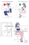  1boy absurdres animal_ear_headphones animal_ears are_you_winning_son?_(meme) blue_choker blue_footwear blue_headphones blue_leotard breast_padding cat_ear_headphones chair choker correct_gaming_posture_(meme) crossdressing elbow_gloves english_text fake_animal_ears gloves headphones high_heels highres indie_virtual_youtuber indoors interrupted leotard long_sleeves looking_at_viewer majinmallow male_focus male_with_breasts medium_hair meme mole mole_under_eye otoko_no_ko parody ponytail sitting thick_thighs thighhighs thighs typing virtual_youtuber white_gloves white_thighhighs 