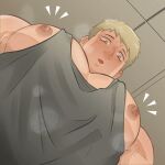  1boy bara blonde_hair dungeon_meshi foreshortening from_below grey_tank_top laios_thorden large_pectorals looking_down male_focus meme muscular muscular_male nipple_slip nipples notice_lines pectoral_cleavage pectoral_focus pectorals ryuka344 sidepec solo tank_top thick_eyebrows upper_body yellow_eyes yur_oc_like_this_(meme) 