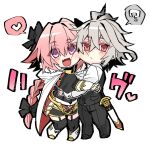  2boys :/ :d ? ahoge armored_skirt astolfo_(fate) black_bow black_pants black_shirt black_thighhighs black_vest blush bow braid cape cheek_squash deformed fang fate/apocrypha fate_(series) fur-trimmed_cape fur_trim garter_straps gauntlets grey_hair hair_between_eyes hair_bow hair_intakes haoro heart hug long_braid long_hair male_focus multicolored_hair multiple_boys otoko_no_ko pants pink_hair purple_eyes red_eyes scabbard sheath sheathed shirt sieg_(fate) signature simple_background single_braid skin_fang smile speech_bubble spoken_heart spoken_question_mark streaked_hair sword thighhighs two-sided_cape two-sided_fabric two-tone_hair very_long_hair vest waistcoat weapon white_background white_cape white_footwear white_hair white_shirt 