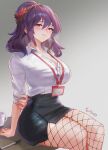  1girl black_skirt breasts collarbone collared_shirt cup desk fishnet_pantyhose fishnets hair_between_eyes hair_ornament highres id_card leaf_hair_ornament medium_hair office_lady on_desk orchid_(pixiv3730518) pantyhose parted_lips pencil_skirt purple_hair red_eyes shirt sitting skirt smile solo thighs touhou white_shirt yasaka_kanako 