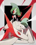  a-nya arm_blade artist_name colored_skin from_side gallade highres holding holding_weapon iron_valiant kneeling low_twintails mega_gallade pokemon pokemon_(creature) red_eyes robot twintails waist_cape weapon white_skin 