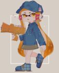  1girl absurdres blue_footwear blue_headwear commentary_request fang full_body grey_background gun hat heart highres holding holding_gun holding_weapon inkling inkling_girl inkling_player_character inset_border koke_(banburu_be_x) long_hair open_mouth orange_eyes orange_hair pointy_ears shoes simple_background skin_fang solo splatoon_(series) splattershot_jr_(splatoon) tentacle_hair thick_eyebrows very_long_hair walking weapon 