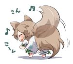  1girl afterimage animal_ears barefoot beamed_sixteenth_notes blush closed_eyes eighth_note fox_ears fox_tail green_ribbon kudamaki_tsukasa light_brown_hair motion_lines musical_note open_mouth ribbon rokugou_daisuke romper short_hair short_sleeves signature simple_background smile solo tail touhou white_background white_romper 
