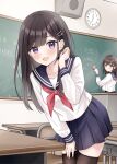  2girls :d :t black_hair blue_sailor_collar blue_skirt blush board_eraser brown_eyes brown_hair brown_thighhighs chair chalkboard clock closed_mouth commentary_request desk fuyuno_tsubaki_(yukimaru217) hair_behind_ear hair_ornament hairclip harumiya_saki highres indoors leaning_forward long_hair looking_at_viewer multiple_girls neckerchief original pink_neckerchief pleated_skirt pout purple_eyes red_neckerchief sailor_collar school_chair school_desk school_uniform serafuku shirt skirt smile thighhighs tucking_hair v-shaped_eyebrows wall_clock white_shirt yukimaru217 