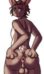  akenju anthro anus balls big_butt brown_body butt eyebrows freckles genitals hare hi_res lagomorph leporid male mammal nude rabbit red_eyes simple_background solo spread_butt spreading thick_eyebrows thick_thighs white_background wide_hips 