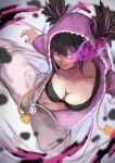  absurdres aura black_bra bra breasts cleavage diagonal_bangs feet_out_of_frame glowing glowing_eye han_juri highres kicking looking_at_viewer medium_breasts momo_juice navel onesie pajamas short_twintails smile street_fighter street_fighter_6 twintails underwear zipper zipper_pull_tab 