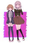  1boy 1girl absurdres black_jacket black_ribbon black_socks black_thighhighs breasts brown_hair brown_skirt chi_gu collared_shirt cosplay costume_switch crossdressing danganronpa:_trigger_happy_havoc danganronpa_(series) danganronpa_2:_goodbye_despair dress_shirt flipped_hair fujisaki_chihiro fujisaki_chihiro_(cosplay) galaga green_jacket hand_up highres jacket kneehighs large_breasts long_sleeves medium_hair miniskirt nanami_chiaki nanami_chiaki_(cosplay) neck_ribbon no_hair_ornament open_clothes open_jacket otoko_no_ko pink_background pink_footwear pink_ribbon pleated_skirt ribbon shirt shirt_tucked_in shoes short_hair skirt socks spaceship_hair_ornament thighhighs white_background white_shirt zettai_ryouiki 