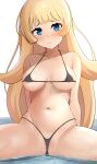  1girl absurdres areola_slip arms_behind_back ass_visible_through_thighs bare_shoulders bikini black_bikini blonde_hair blue_eyes blush breasts breasts_apart closed_mouth collarbone frontal_wedgie frown groin highres hime-sama_&quot;goumon&quot;_no_jikan_desu hime_(hime-sama_&quot;goumon&quot;_no_jikan_desu) karamete19 long_hair looking_at_viewer medium_breasts micro_bikini navel partially_submerged solo spread_legs stomach swimsuit thighs very_long_hair water wet 