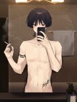  1boy arm_tattoo bathroom black_eyes black_hair black_nails cellphone cigar cigarette completely_nude earrings english_commentary genshin_impact holding holding_cigarette holding_phone indoors jewelry looking_at_mirror male_focus mirror nail_polish navel nude phone scaramouche_(genshin_impact) selfie single_earring smartphone smoke soap_bottle solo stomach_tattoo tattoo yuii_03 