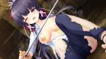  1girl black_hair blue_eyes blush breasts dissolving_clothes game_cg hajimeru_sekai_no_risouron high_ponytail highres holding holding_sword holding_weapon katana knees_up large_breasts long_hair looking_at_viewer mikagami_mamizu mogami_hinakigu nipples nude official_art open_mouth photoshop_(medium) sidelocks sitting slime_(substance) solo steaming_body sword torn_clothes weapon wince 