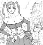  1boy 1girl absurdres bb_(baalbuddy) belt breasts cleavage corset dragon_quest dragon_quest_viii dress hand_on_own_hip highres jessica_albert smile twintails yangus 