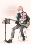  1boy bishounen black_choker choker collarbone ei_aida full_body green_eyes highres holostars jacket jewelry leaf looking_at_object male_focus mixed-language_commentary multiple_hairpins multiple_rings music_stand on_stool pants pink_hair plaid plaid_pants playing_guitar rikka_(holostars) ring shadow sheet_music shoes short_hair simple_background sitting smile sneakers solo stuffed_animal stuffed_toy teddy_bear virtual_youtuber window 