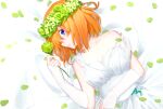  ani_lu bare_shoulders bed_sheet blue_eyes breasts cleavage collarbone detached_sleeves dress flower from_above go-toubun_no_hanayome green_flower highres holding holding_flower large_breasts nakano_yotsuba orange_hair parted_lips petals profile signature strap_slip wedding_dress white_dress white_sleeves 