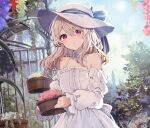  1girl bare_shoulders bare_tree basket blonde_hair blue_sky blush bow breasts bush commentary_request day detached_collar detached_sleeves dress flower frilled_dress frilled_sleeves frills hair_between_eyes hat hat_bow highres holding ikeuchi_tanuma lens_flare long_hair looking_at_viewer open_clothes original outdoors plant potted_plant puffy_sleeves red_eyes sky small_breasts solo standing sun_hat sunlight tino_(ikeuchi_tanuma) tree white_dress white_headwear 