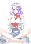  0002koko 1girl absurdres bare_shoulders beer_can breasts can drink_can highres looking_at_viewer open_clothes purple_hair red_eyes simple_background sitting smile solo tongue tongue_out touhou white_background yasaka_kanako 