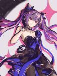  1girl bare_shoulders black_choker black_dress black_gloves black_pantyhose blue_bow bow breasts choker cleavage cone_hair_bun cowboy_shot dress genshin_impact gloves grey_background hair_bun hand_up highres keqing_(genshin_impact) long_hair looking_at_viewer pantyhose purple_eyes purple_hair rhinedottir&#039;s_dog smile solo standing strapless strapless_dress twintails very_long_hair 