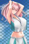  1girl :3 absurdres armpits arms_up azur_lane bare_shoulders blue_sky blush breasts bremerton_(azur_lane) bremerton_(scorching-hot_training)_(azur_lane) chain-link_fence cleavage cloud commentary cowboy_shot crop_top crop_top_overhang crossed_bangs day fence green_shirt green_skirt grey_hair groin hair_between_eyes hair_intakes hair_ornament heart heart_necklace highres jewelry large_breasts long_hair looking_at_viewer memai_(mathpersimmon) midriff multicolored_hair navel necklace no_mole official_alternate_costume outdoors pink_eyes pink_hair shirt sidelocks skirt sky sleeveless sleeveless_shirt solo sportswear standing streaked_hair tennis_uniform twintails two-tone_hair two-tone_shirt two-tone_skirt white_shirt white_skirt x_hair_ornament 