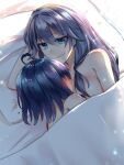  2girls black_hair blanket blue_eyes blue_hair blush breasts captain_(honkai_impact) closed_mouth fu_hua grey_hair hair_between_eyes head_on_pillow honkai_(series) honkai_impact_3rd indigo1567 long_hair looking_at_another multiple_girls nude original short_hair small_breasts smile under_covers 