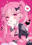  1girl black_bow bow character_request chestnut_mouth commission hair_bow hair_ornament hairclip heart highres indie_virtual_youtuber open_mouth pink_background pink_eyes pink_hair skeb_commission spoken_heart suisei_1121 twintails upper_body virtual_youtuber x_hair_ornament 