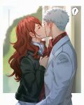  ! 1boy 1girl black_jacket closed_eyes commentary_request highres jacket kirijou_mitsuru kiss long_sleeves persona persona_3 red_hair sanada_akihiko short_hair soc_nau spoken_exclamation_mark upper_body white_jacket 