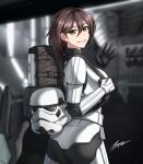  1girl armor ass backpack bag black_gloves breasts brown_hair galactic_empire gloves grin hair_between_eyes headwear_removed helmet helmet_removed large_breasts looking_at_viewer medium_hair pov smile solo_focus star_wars stormtrooper yellow_eyes zxpfer 