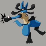 2017 3_fingers ambiguous_gender anthro attack big_ears black_body black_fur blue_body blue_fur darkluxia fangs fingers fur generation_4_pokemon hi_res lucario nintendo pokemon pokemon_(species) pose red_eyes simple_background solo spikes spikes_(anatomy) tail tan_body tan_fur teeth