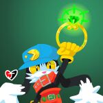  2022 anthro atomic_cat belt black_body black_fur blue_clothing blue_hat blue_headwear bottomwear clothed clothing collar domestic_cat dovahkaaz felid feline felis fur gem gloves glowing handwear hat headgear headwear hybrid klonoa klonoa_(series) lagomorph leporid lineless long_ears male mammal pac-man_(series) pants rabbit red_bottomwear red_clothing red_collar red_pants ring shaded shirtless signature solo video_games white_body white_fur yellow_clothing yellow_eyes yellow_gloves yellow_handwear 