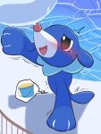  3:4 ambiguous_gender blue_body blue_skin blush bodily_fluids bubble fence feral frill_(anatomy) hi_res high-angle_view mammal marine milklemon5127 neck_frill nintendo omorashi open_mouth open_smile pinniped pok&eacute;mon pok&eacute;mon_(species) poolside popplio pose raised_arm shaking smile solo tears urine_meter video_games water 