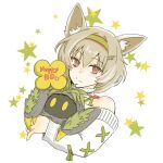  1girl animal_ear_fluff animal_ears arknights bare_shoulders beanstalk_(arknights) beanstalk_(gift_uncompleted)_(arknights) brown_hair closed_mouth commentary_request cropped_torso green_hairband hair_between_eyes hair_ornament hairband hairclip happy_birthday highres looking_at_viewer off_shoulder red_eyes shirt signature simple_background smile solo star_(symbol) star_hair_ornament starry_background touno_(akarino) upper_body white_background white_shirt 
