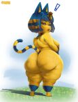 2023 animal_crossing ankha_(animal_crossing) anthro armpit_hair artist_name bangs big_butt blonde_hair blue_body blue_eyebrows blue_eyes blue_fur blue_hair blue_tail bob_cut bodily_fluids body_hair breasts butt crossed_arms domestic_cat egyptian exclamation_point eyebrows eyelashes feet felid feline felis female female_anthro fur gold_neckwear grass hair half-closed_eyes head_turned hi_res huge_butt kobukeda lips looking_at_viewer looking_back looking_back_at_viewer mammal markings medium_breasts mouth_closed multicolored_body multicolored_fur multicolored_hair narrowed_eyes nintendo nipple_tassels noseless nude nude_anthro nude_female pink_lips plant prick_ears rear_view ring_(marking) ringed_tail shadow small_feet solo striped_markings striped_tail stripes sweat sweaty_butt sweaty_legs sweaty_thighs tail tail_markings text thick_thighs two_tone_body two_tone_fur two_tone_hair two_tone_tail yellow_body yellow_fur yellow_tail yellow_text