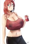  1girl breasts can cleavage crop_top drink ear_piercing hair_ornament hairclip highres holding holding_drink huge_breasts ibara_azuki lactation lactation_through_clothes looking_to_the_side medium_hair midriff original pants piercing red_hair soda_can standing track_pants watermark wet wet_clothes white_background 