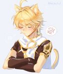  1boy 1girl aether_(genshin_impact) ahoge animal_ears arm_armor armor artist_name blonde_hair blush braid brown_gloves brown_shirt cat_boy cat_ears cat_tail closed_eyes closed_mouth crossed_arms earrings fox_ears fox_girl genshin_impact gloves grey_background hair_between_eyes hair_ornament highres hikarusorano jewelry kemonomimi_mode long_hair scarf shirt short_sleeves shoulder_armor sidelocks simple_background single_earring smile sparkle speech_bubble spoken_character sweatdrop tail upper_body v-shaped_eyebrows white_scarf yae_miko 